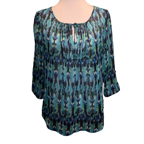 Express Teal Blue Chiffon Keyhole Top 3/4 Sleeve Blouse Size S/P - Picture 1 of 7